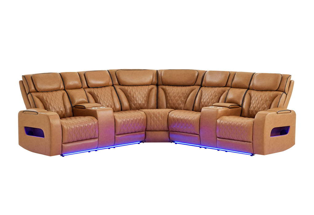 U8611 - Sectional With Power Headrest, Continuous LED And Speaker - Brown