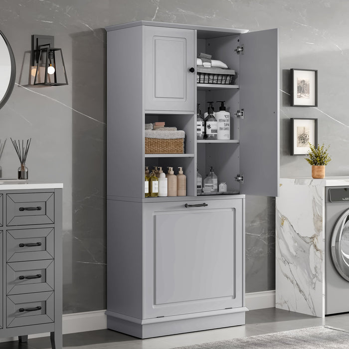 Modern Tall Storage Cabinet With Adjustable Shelves, Flip-Out Basket & Enclosed Doors