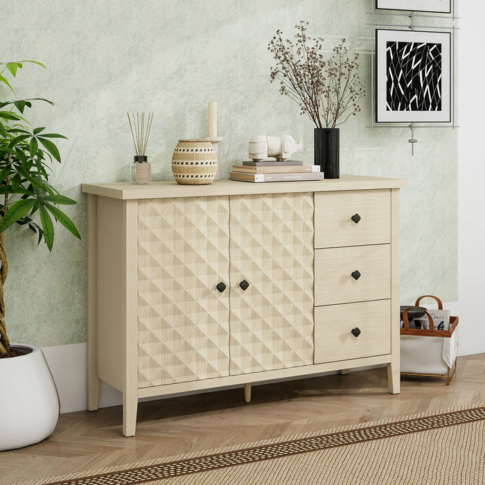 Modern 2 Door 3 Drawer Storage Cabinet, Buffet Cabinet With 2 Embossed Door For Living Room, Kitchen, Entryway - Natural