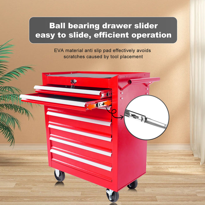 Red 7 Drawer Metal Rolling Tool Chest With Locking System And Wheels, Steel Construction - Red
