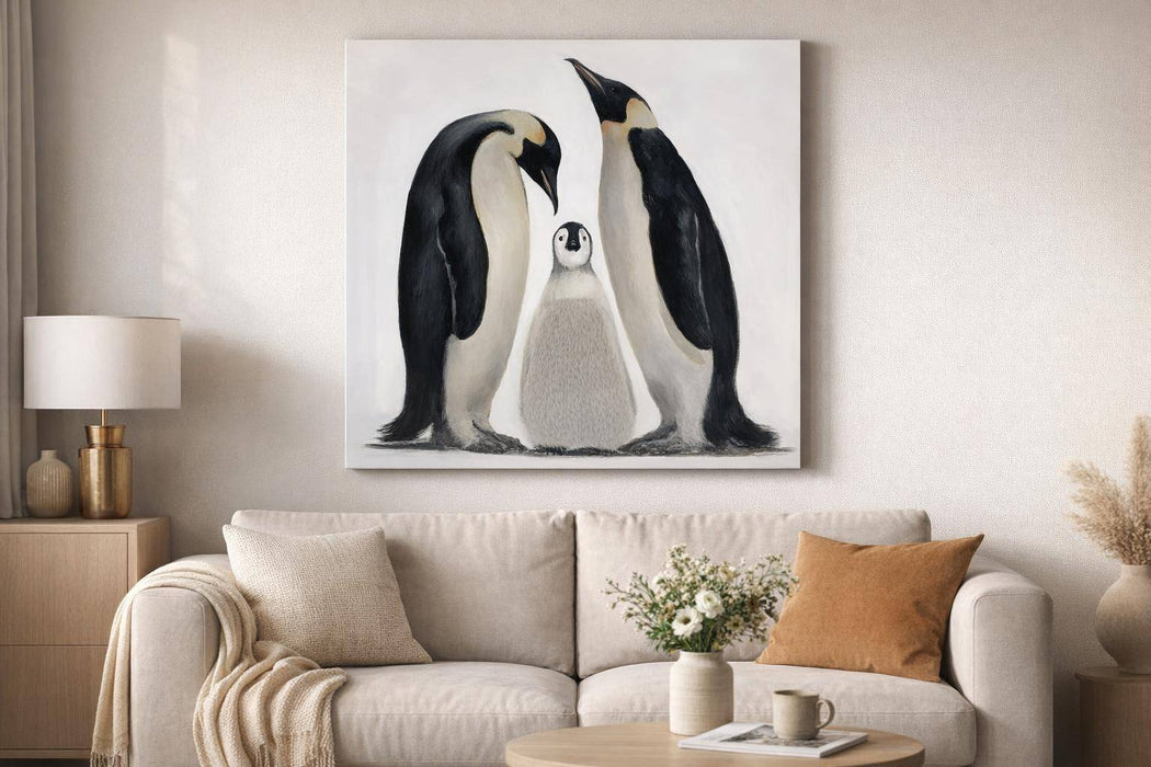 Penguin Family Hand-Embellished Wrapped Canvas With Fabric - Black / Ivory