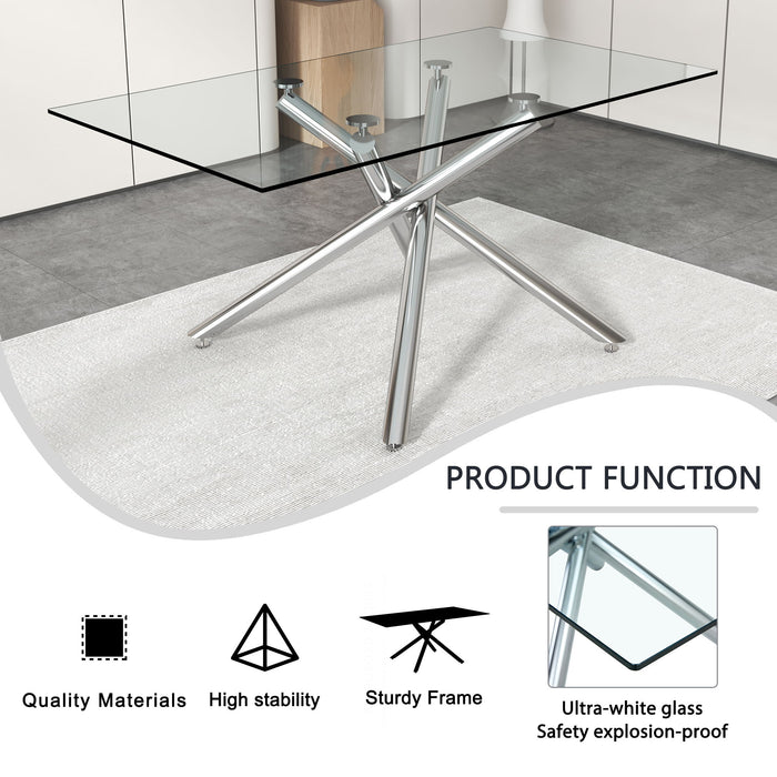 Large Modern Minimalist Rectangular Glass Dining Table For 6 - 8 With Tempered Glass Tabletop And Silver Chrome Metal Legs, For Kitchen Dining Living Meeting Room Banquet Hall