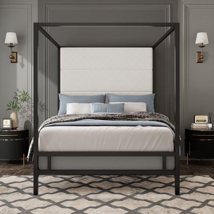 Modern Canopy Bed With Tall Upholstered Headboard