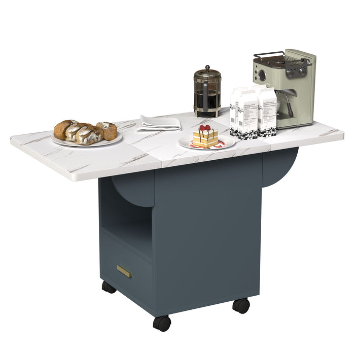 Versatile Wood Folding Dining Table With Wheels, Storage Rack & Drawer, Space Saving Design - White