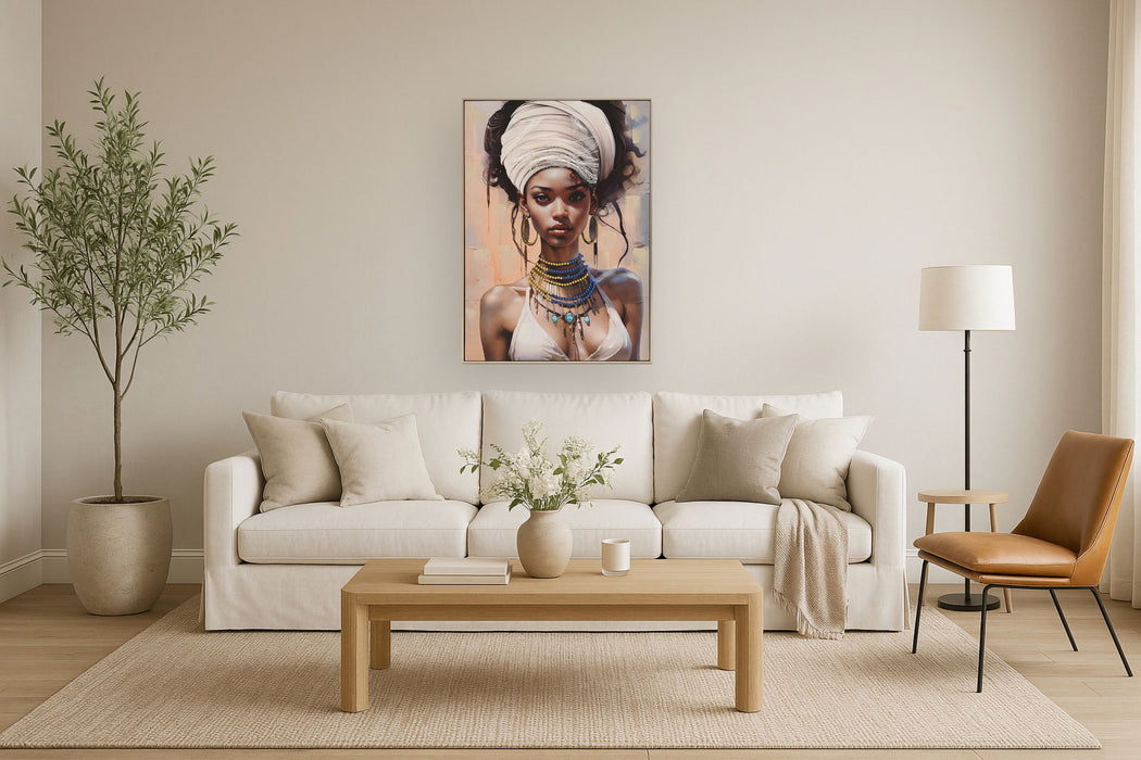 Hand Painted Framed Textured Canvas - Dazzled Woman - Beige