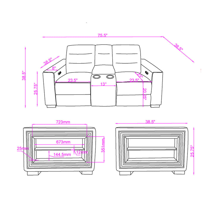 Yamein - Power Reclining Loveseat With Bookcase Arms And LED Lights - Charcoal