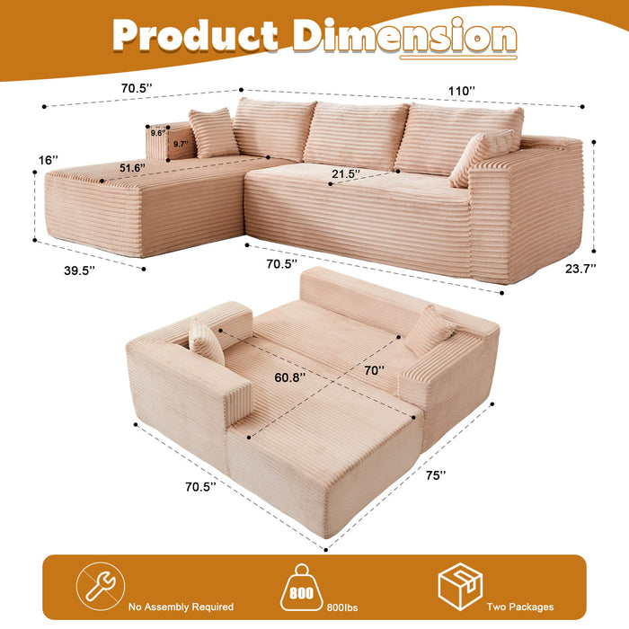 Compression Sectional Couch With Comfy Chaise, Boneless L Shape Sofa With Deep Seat