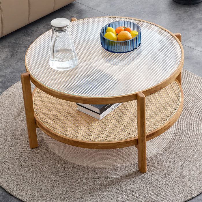 Modern Style Circular Double Layer Tea Table With Rattan Weave