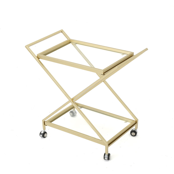 Sherianne - Industrial Bar Cart With Tempered Glass Shelves And Swivel Wheels - Gold
