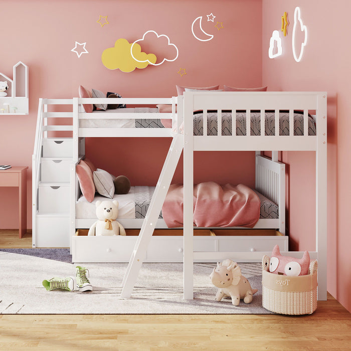 Solid L Shaped Bunk Bed With 3 Drawers, Ladder And Staircase