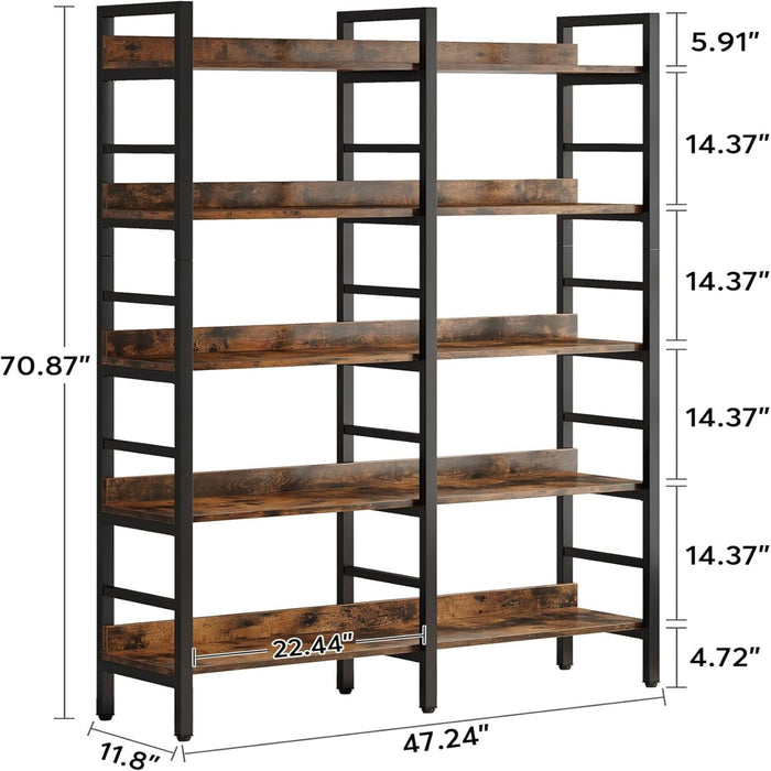 5 Tier Double Wide Bookshelf For Living Room - Rustic Brown