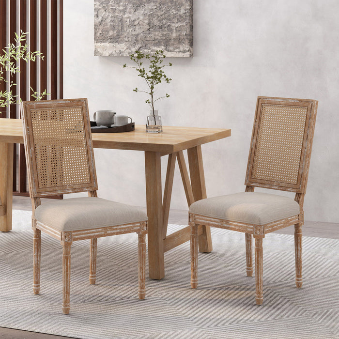 French Country Dining Chair With Rectangular Cane Backrest And Smooth Upholstered Seating