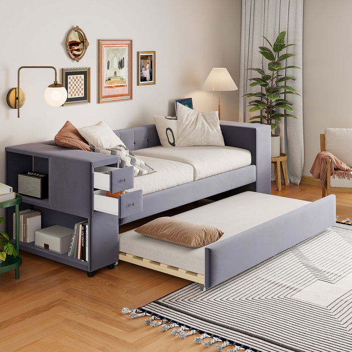 Upholstered Bed With Storage And Twin Trundle, USB Charging Ports