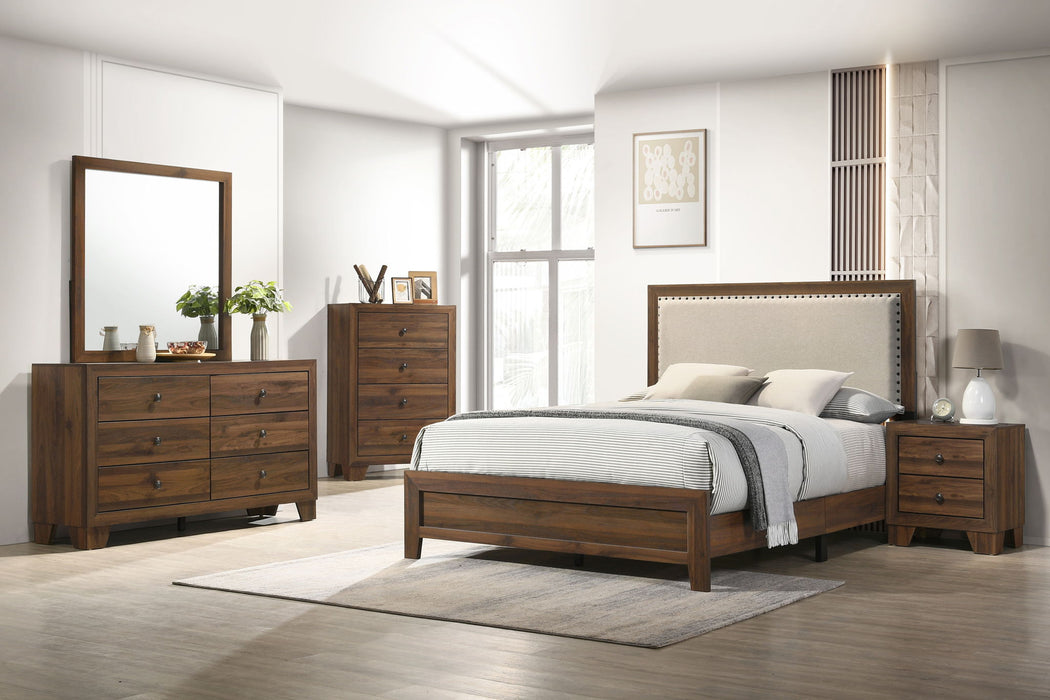 Millie - King 5 Piece Upholstered Bedroom Set - Brown Cherry