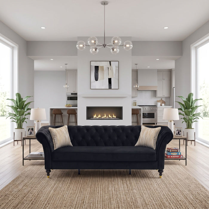 3 Seater Button Tufted Sofa With Rolled Arms, Living Room Couch With 2 Pillows - Black