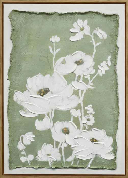 "Blossom Serenity II" Hand-Embellished Canvas In Frame - Green / White / Natural Wood