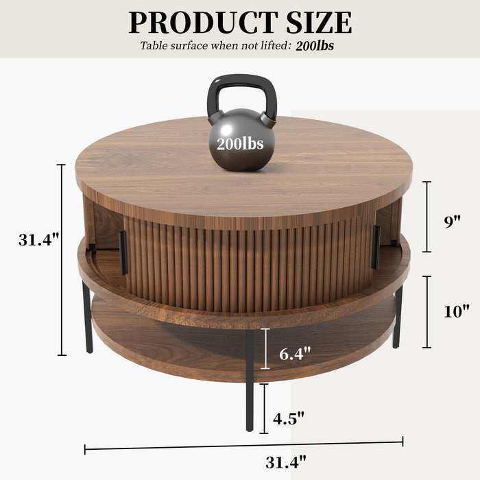 Flip-Top Round Coffee Table With Storage - Brown