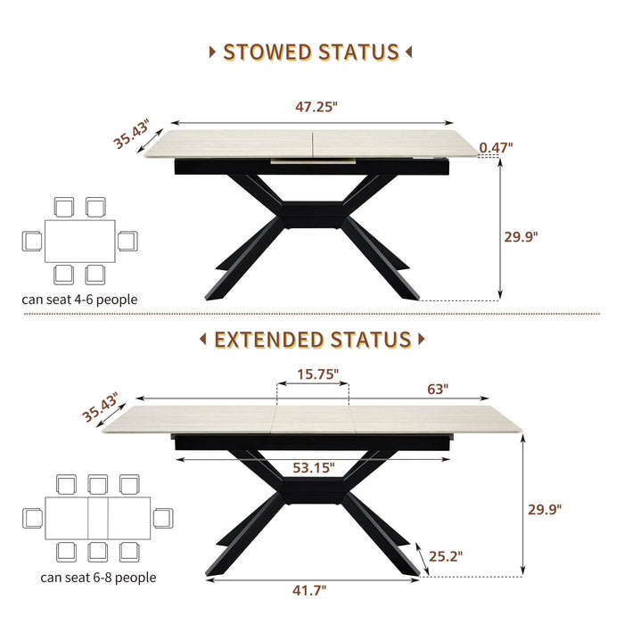 Rectangular Extendable Dining Table With Geometric X Frame, Kitchen Table For Dining Room - Beige