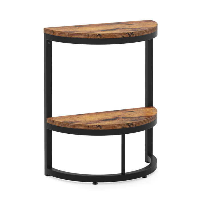 Slim Half Moon 2 Tier Semi Circle End Table, Wide Storage For Living - Rustic Brown