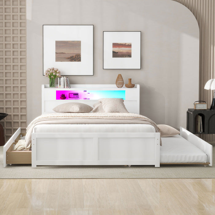 Storage Platform Bed With LED Lights, 2 Drawers And Trundle