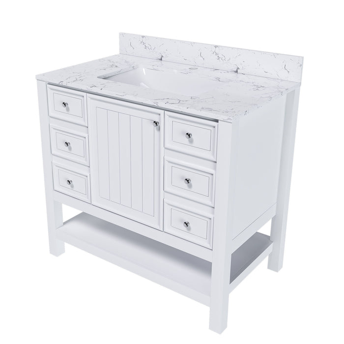 37" Bathroom Vanity, Multi Functional Cabinet With Doors And Drawers, Frame, Single Faucet Hole - White
