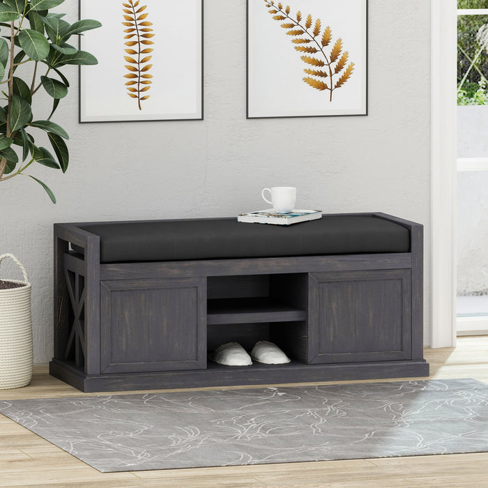 Wood Bench With 2 Open Shelves And Water Resistant Cushion - Dark Gray