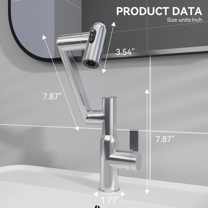 Bathroom Sink Faucet With Spray Function And Temperature Display, Anti Skid Switch, 360 Degree Rotary