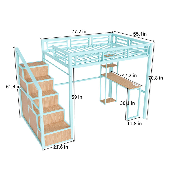 Heavy Metal Frame Full Loft Bed With Desk & Storage, 4 Cabinets, Staircase, Rack Space Saver - Green