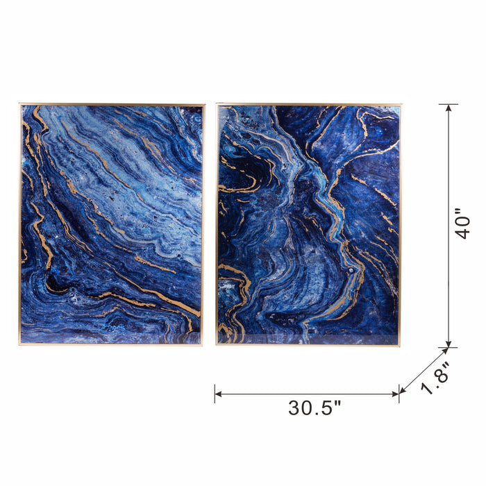 Framed Art Panels, Unique Marbled Design (Set of 2) - Blue