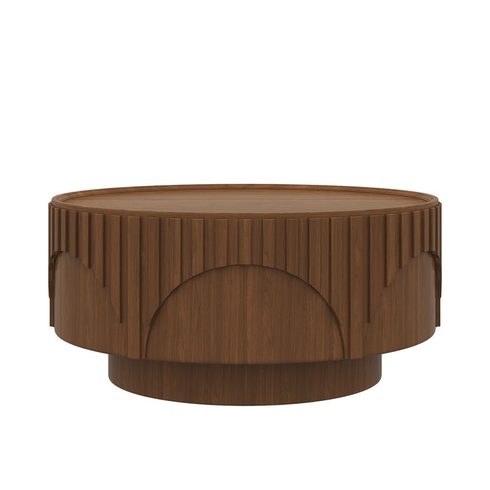 Round Fluted Drum Coffee Table With Sturdy Base For Living Room