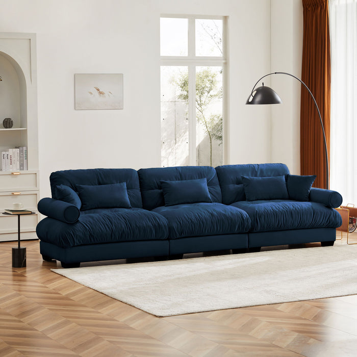 Modern Velvet Sofa With Bolstered Armrests And Pillows
