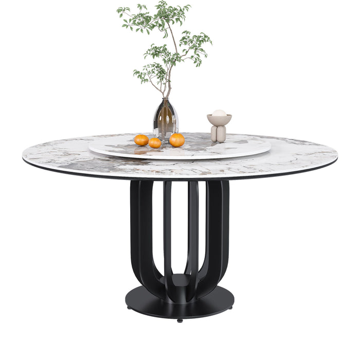 Round Dining Table With Carbon Steel Base And Lazy Susan Industrial Style - Black / White