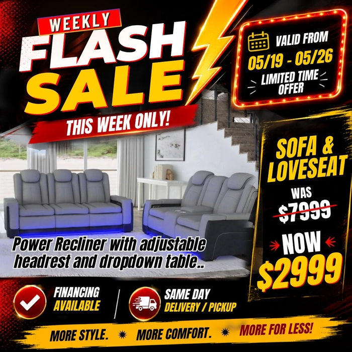 Sofa & Loveseat - Power Recliner with adjustable headrest and dropdown table