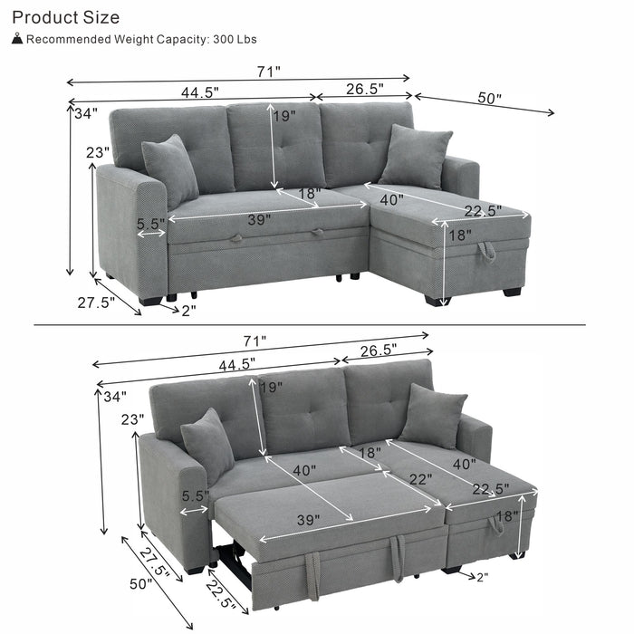 Sleeper Sectional Sofa With Pull Out Bed, Reversible Chaise, Hidden Storage
