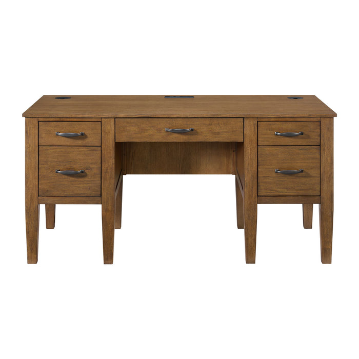 Portico - Half Pedestal Desk With Power / USB - Brown Oak