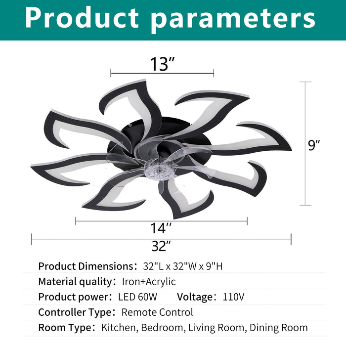 Flower Ceiling Fan With Remote Controlled LED Light, Flush Mount DC Motor Fan