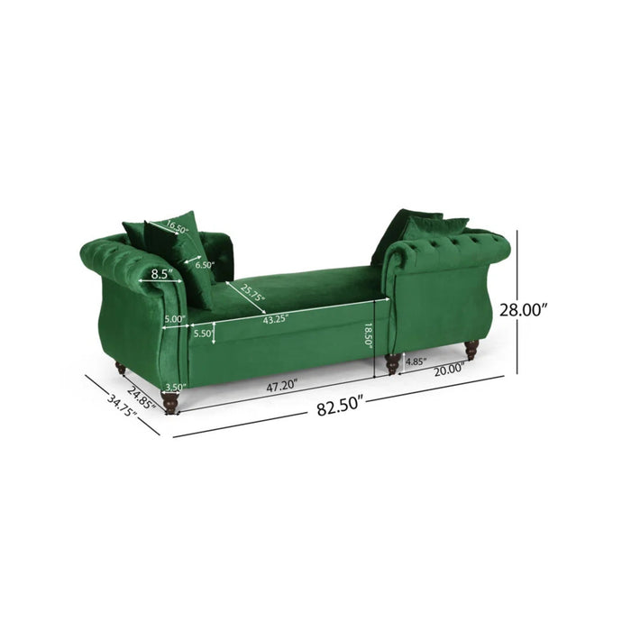 Lunarix - Velvet Fabric Chaise Lounge With Diamond Stitching And Turned Legs - Emerald