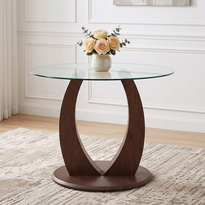 2 In 1 Round Glass Dining Table With Adjustable Curved Base, - Transparent / Walnut