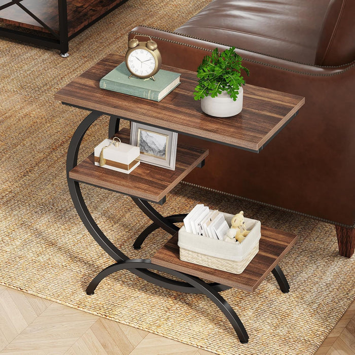 C-Shaped 3 Tier Side Table - Rustic Brown