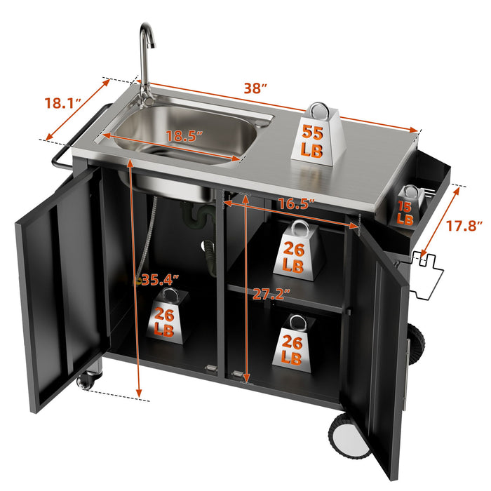 Outdoor Grill Cart With 304 Stainless Steel Sink And Cabinet - Black / Silver