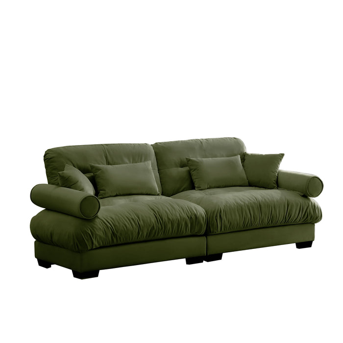 Modern Velvet Sofa With Bolstered Armrests And Pillows