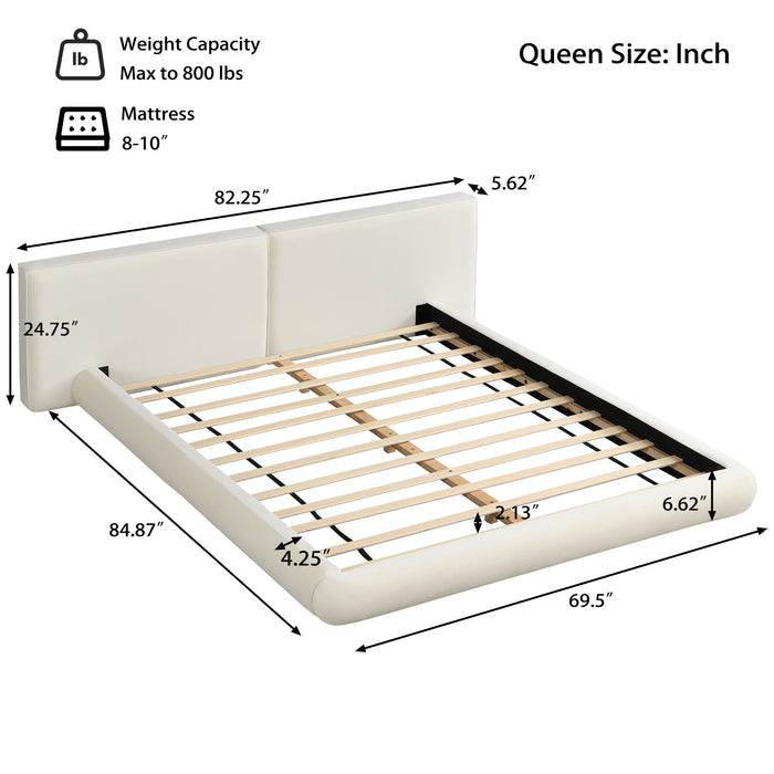 Queen Size Low Profile Platform Bed With Rounded Edges - Cream