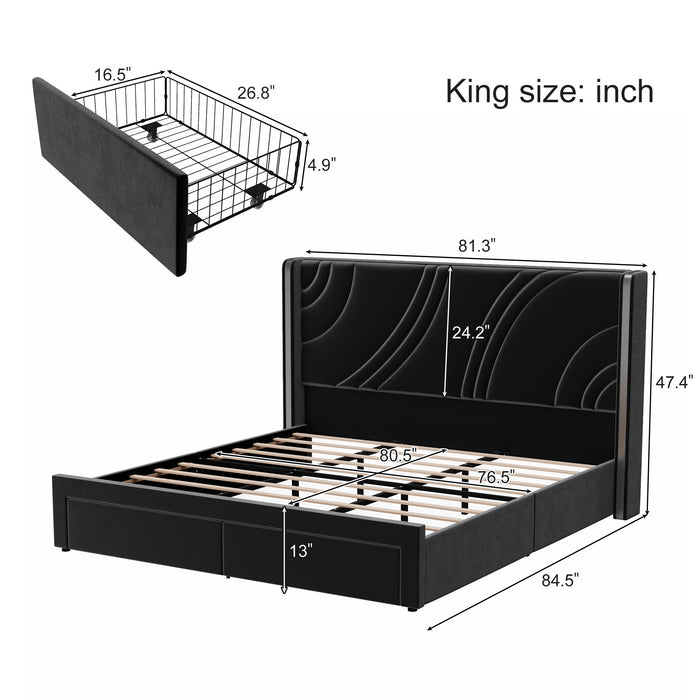 Modern Upholstered LED Bed Frame With Storage Drawers, Wingback Headboard, RGB Light