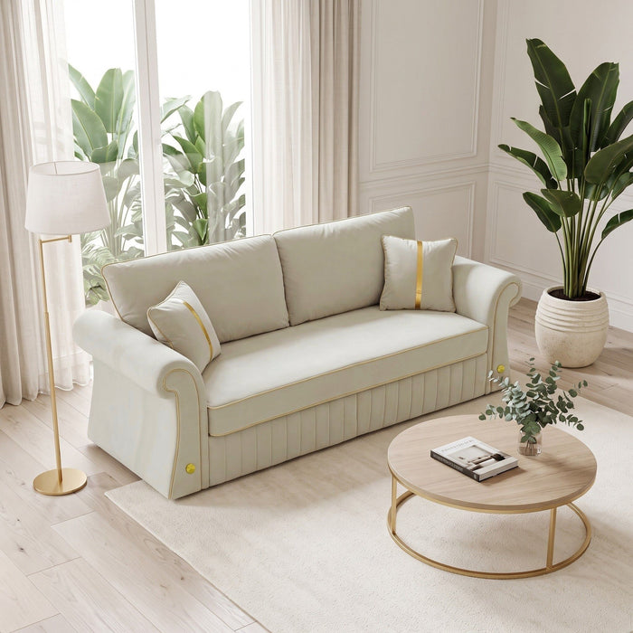 Fx-P63-Cw (Sofa)Cream Velvet Sofa For Living Room, Modern Upholstered 3 Seater Couch With Rolled Arms, Luxury Accent Sofa With Wood & Metal Frame, Comfortable Sofa For Apartment, Bedroom And Office