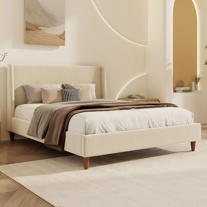 Modern Velvet Upholstered Platform Bed With Wingback Headboard