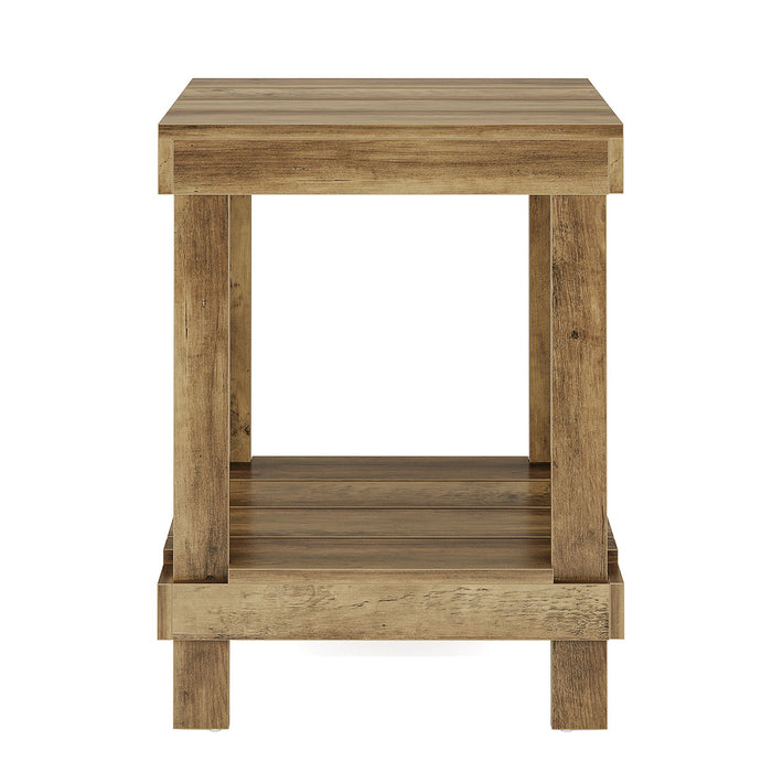 2 Tier End Table With Open Shelves, Compact Square Side Table For Living Room - Natural Wood