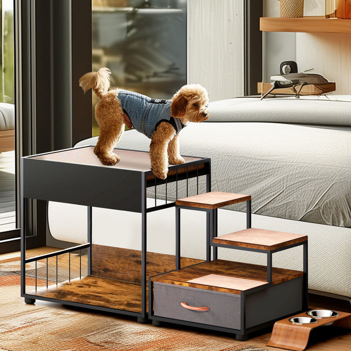 Pet Step Window Perch, Bunk Beds Window Perch For Dogs Bedside Lounge Elevated Dog Bed Multi-Level Platform With Sponge, Non-Slip Pad And Storage - Black / Vintage