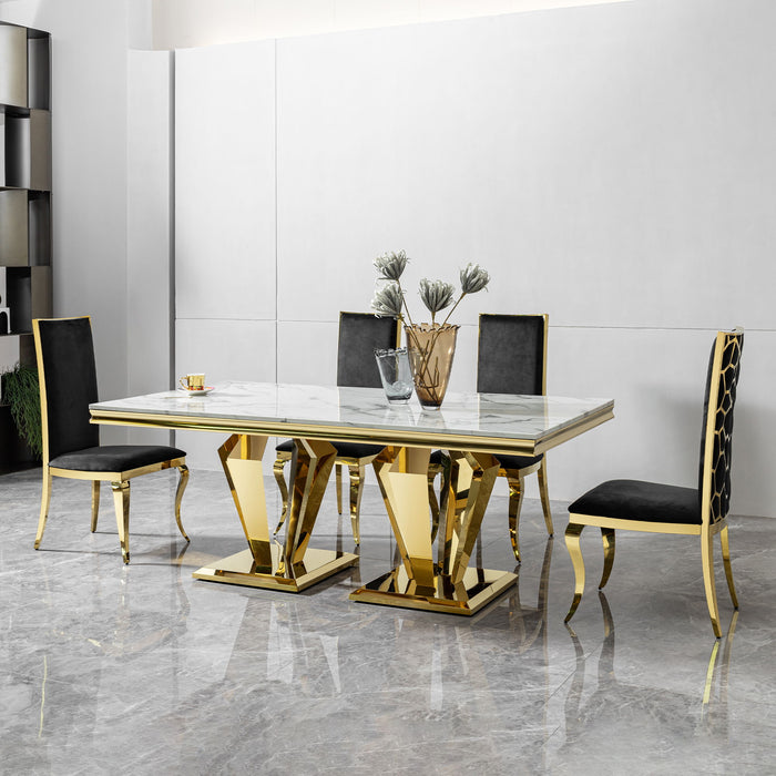 79.53 In. Elegant Marble Pattern Dining Table For 6 Or 8 Seats Polished Stainless Steel Base - Gold
