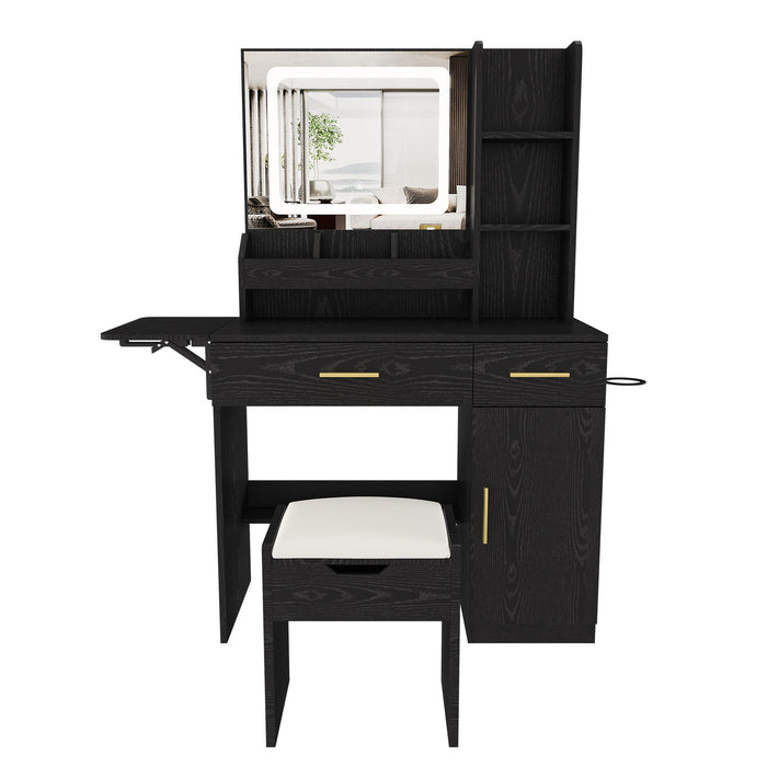 Vanity Desk With LED Mirror Lights And Charging Outlet