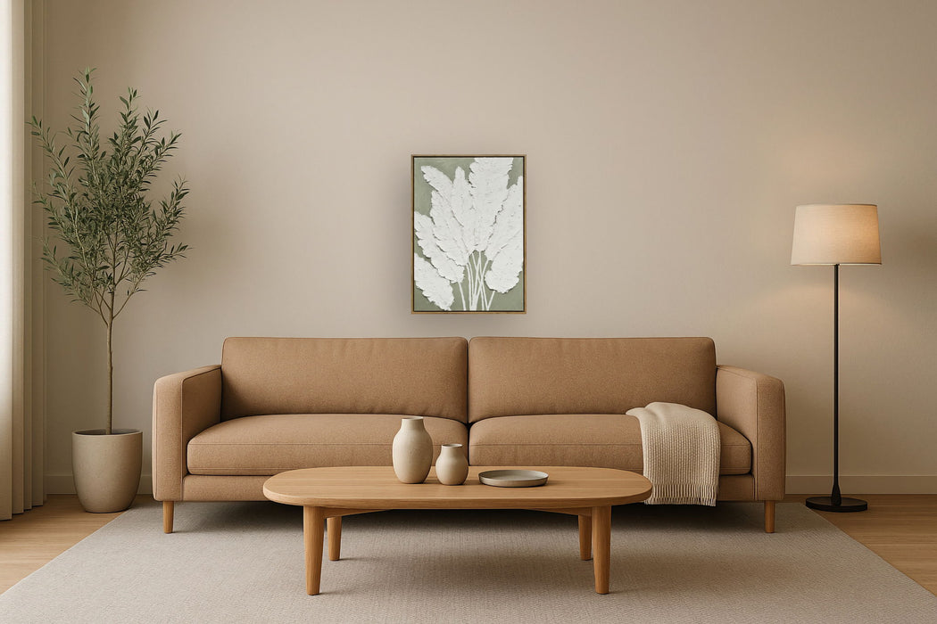 "Textured Foliage I" Hand-Embellished Canvas In Frame - White / Green / Wood